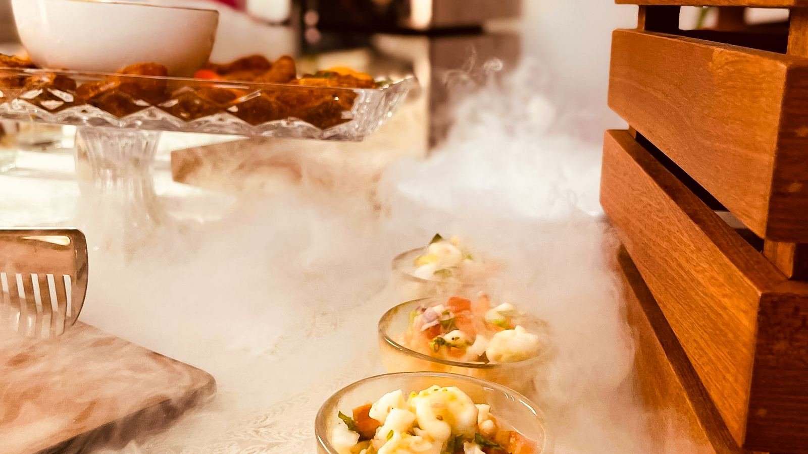 Chilled seafood service presented over dry ice at a Dana Prime reception