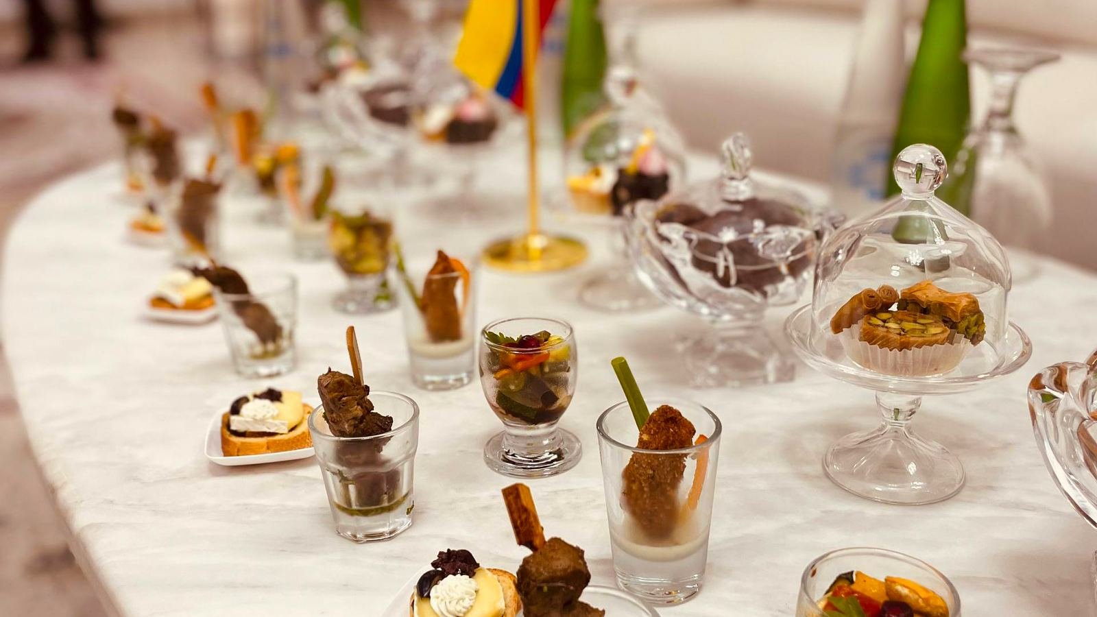 Canape and dessert service on marble at the Embassy of Ecuador inauguration catered by Dana Prime